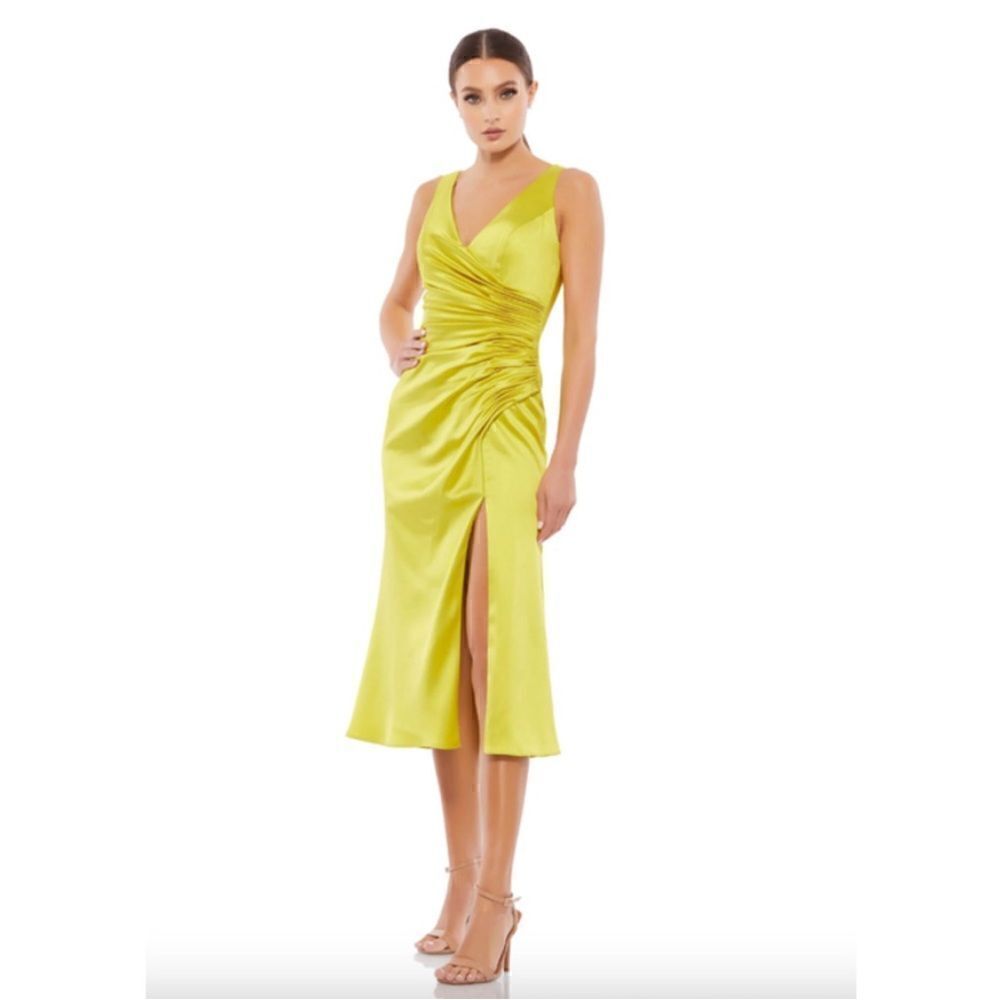 MAC DUGGAL Chartreuse Satin Faux Wrap Dress size 8 NWT